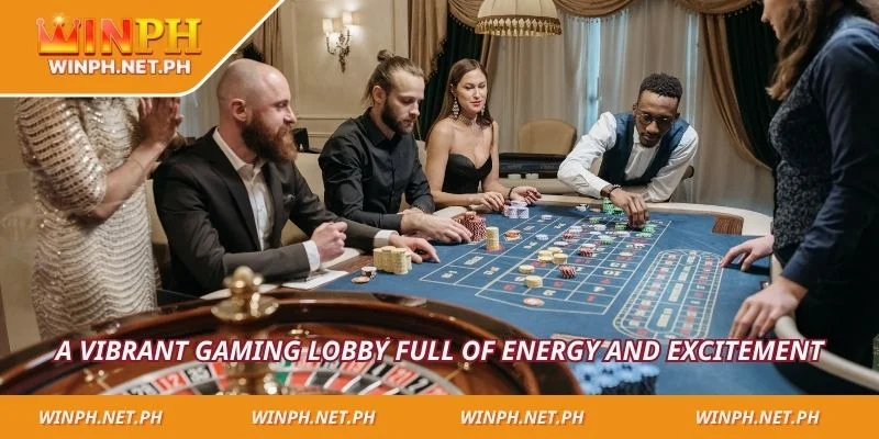 A vibrant gaming lobby full of energy and excitement